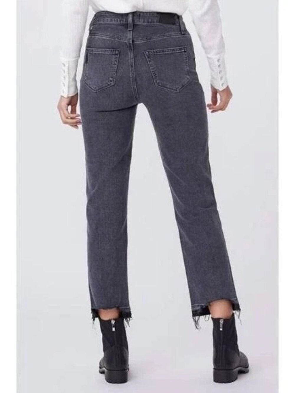 PAIGE SARAH STRAIGHT ANKLE Jeans Deep End Gray Black Raw Chewed Back Hems 30 EUC